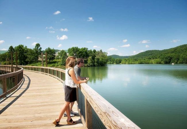 Two people stand on a wooden boardwalk overlooking a serene lake surrounded by green hills and trees on a clear, sunny day.