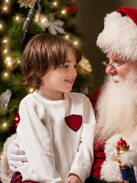 A child sits on Santa's lap next to a decorated Christmas tree, both smiling warmly, with festive lights glowing.