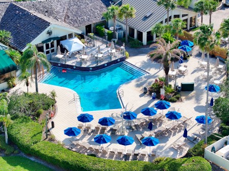 Aerial view of a swimming pool area surrounded by lounge chairs with blue umbrellas, greenery, and adjacent buildings.
