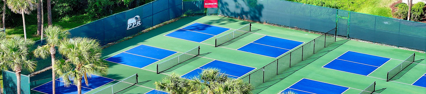 The image shows outdoor pickleball courts surrounded by palm trees and greenery, with blue playing surfaces and green boundaries.
