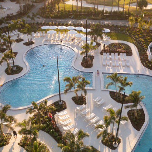 Two swimming pools, surrounded by lounge chairs, palm trees, and a landscaped area, with people relaxing and enjoying the sunny day.