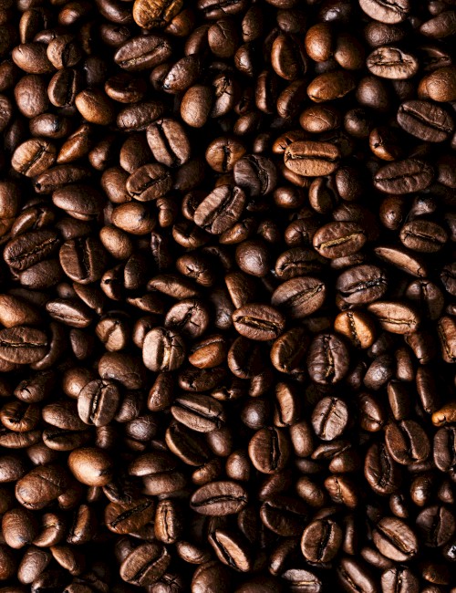 The image shows a close-up of roasted coffee beans with a rich, dark brown color and glossy appearance.