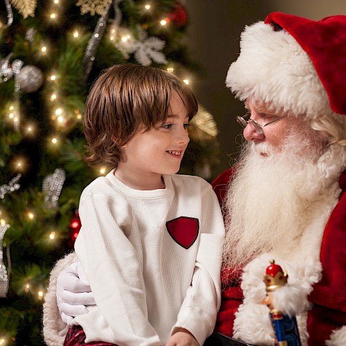 A child sits on Santa's lap by a decorated Christmas tree, sharing a joyful moment.