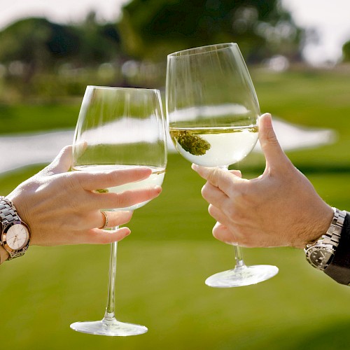 Two people clink wine glasses outdoors, celebrating a toast on a sunny day with a golf course backdrop