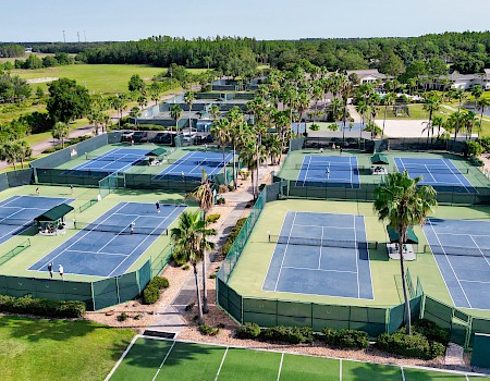 Aerial view of a tennis facility with multiple blue courts, green fencing, palm trees, and surrounding greenery, under sunny skies.