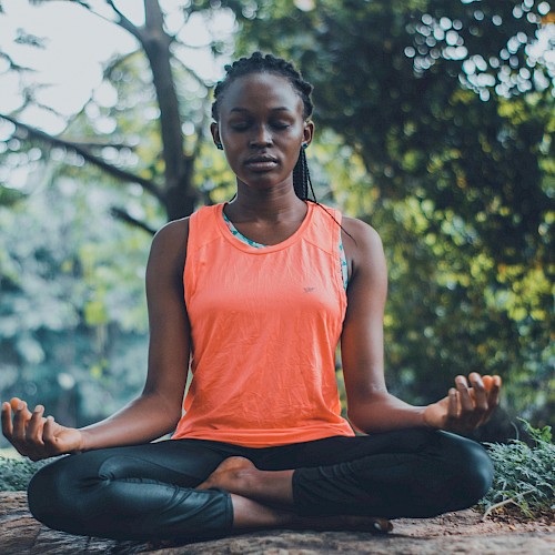 A woman is practicing meditation or yoga outdoors on a log surrounded by trees and greenery.