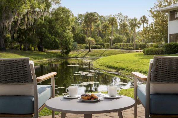 Two chairs face a small pond, with a table holding cups and food, surrounded by trees and greenery in a serene outdoor setting.