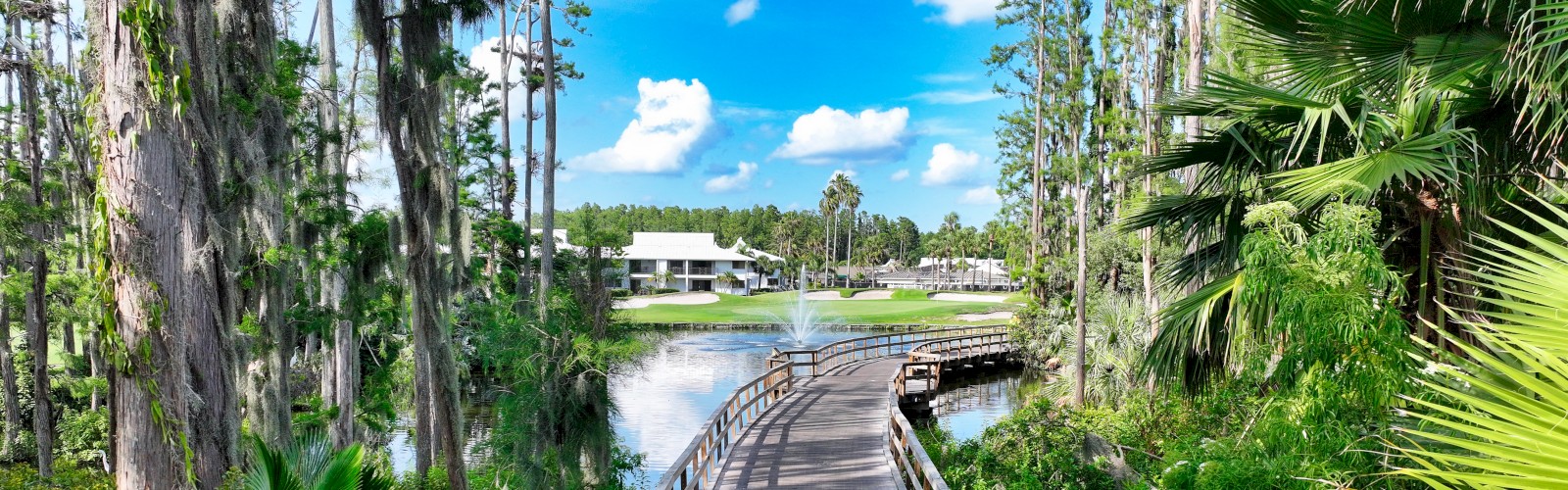 A wooden boardwalk winds through lush greenery, leading to a lake and distant buildings under a vibrant blue sky with scattered clouds.