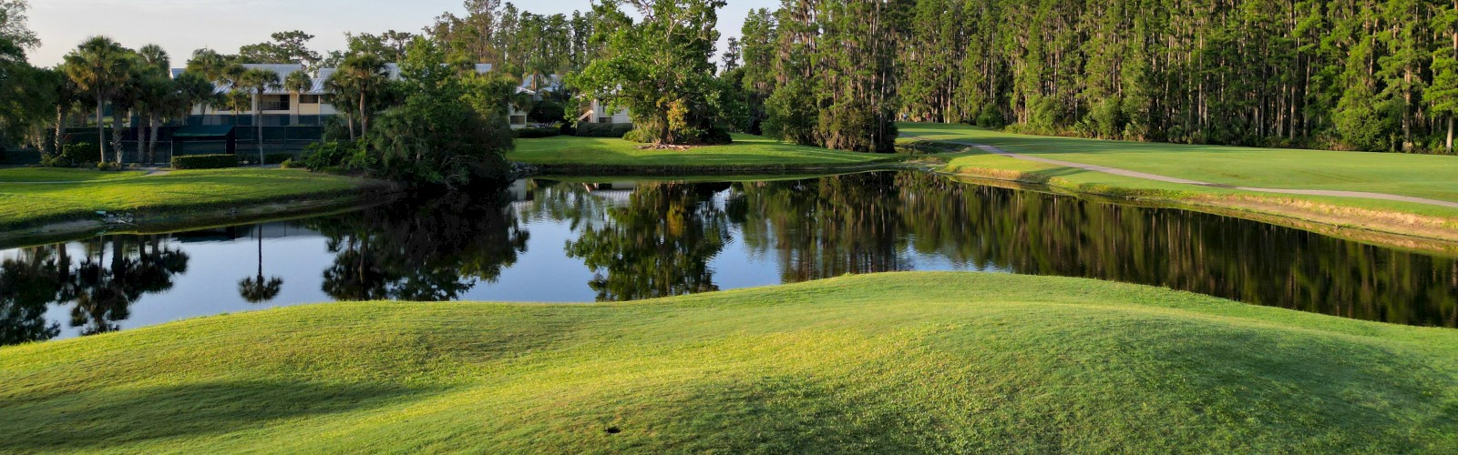 A serene golf course scene with a pond, lush greenery, and trees under a clear blue sky.