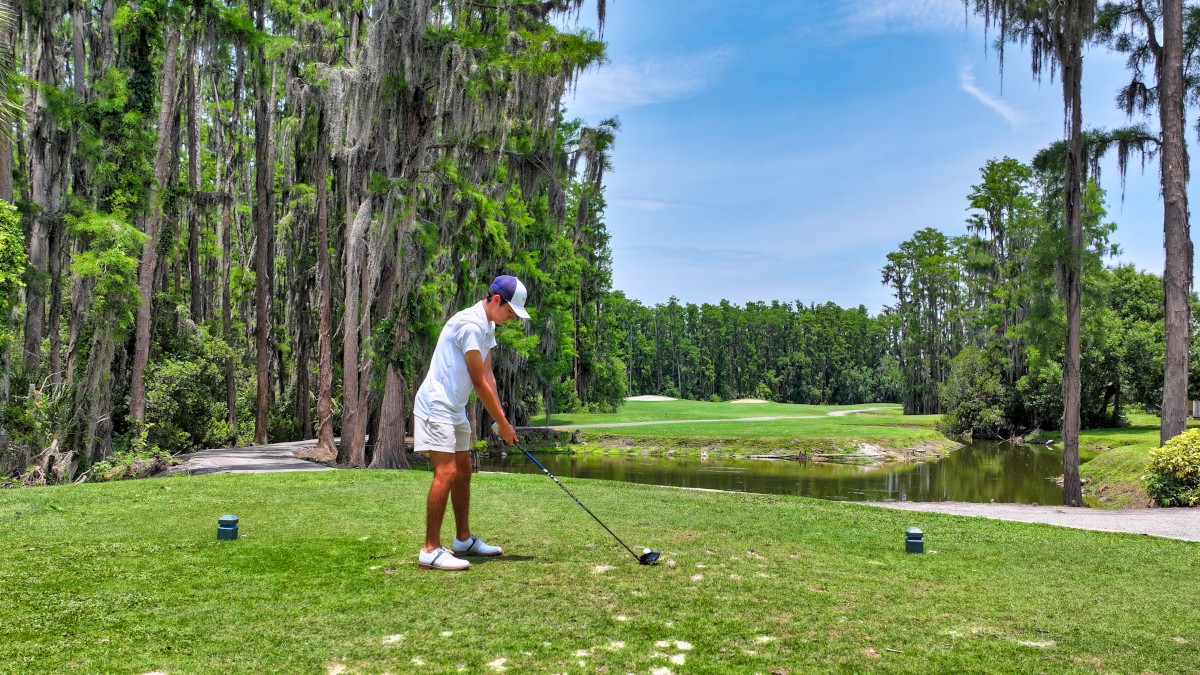 A golfer is preparing to tee off on a lush, green course surrounded by tall trees and a small pond under a clear blue sky.