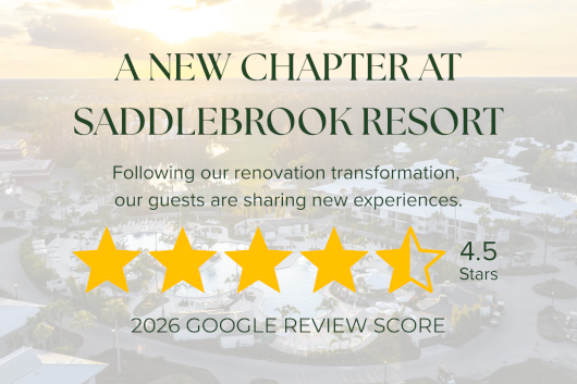 Announcing a new chapter at Saddlebrook Resort with guests sharing experiences in 2026 after a complete transformation, rated 4.5 stars.