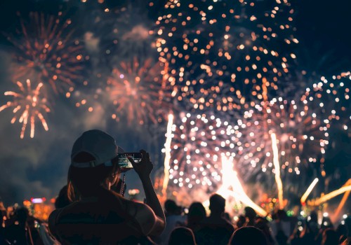 A person wearing a cap takes a photo of a fireworks display with a crowd watching in the foreground at night.