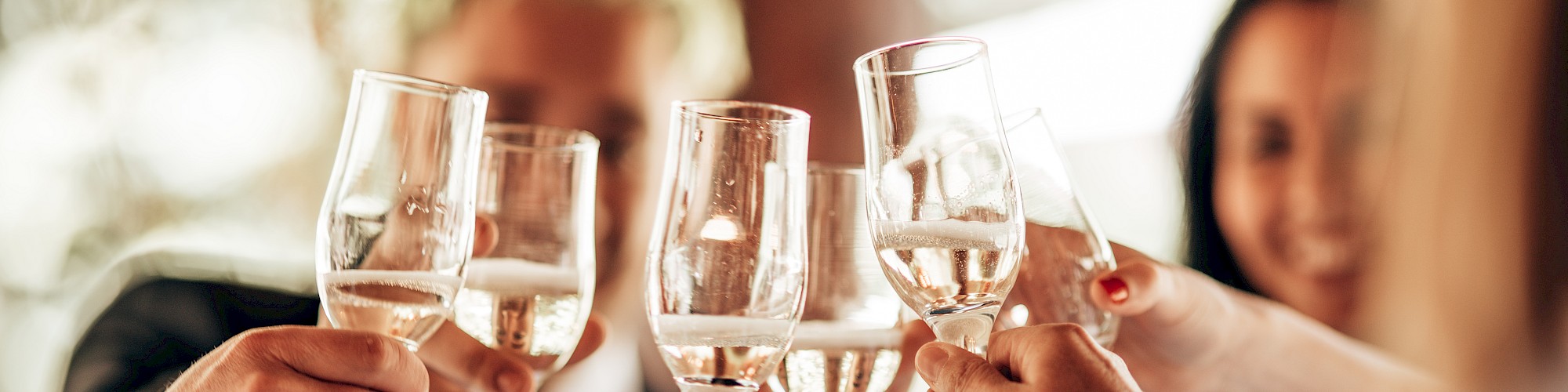 People clinking wine glasses in a celebratory toast, creating a festive and joyful atmosphere.