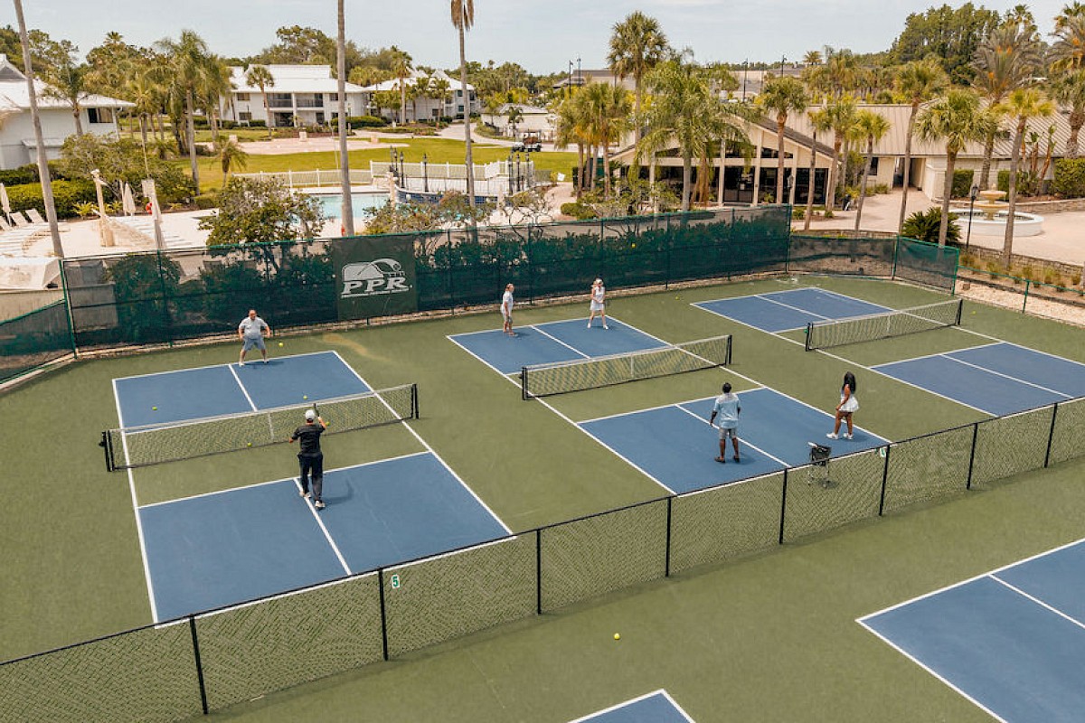 People are playing pickleball on multiple courts in a residential area with lush greenery and palm trees.