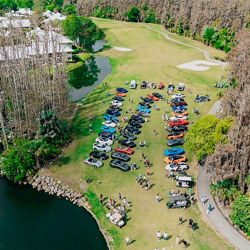 A golf course event with colorful cars, golf carts, and people enjoying a sunny day near water and trees.