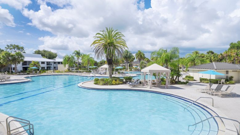 An outdoor swimming pool area with lounge chairs, palm trees, and cabanas. The sky is partly cloudy, and there are buildings in the background.