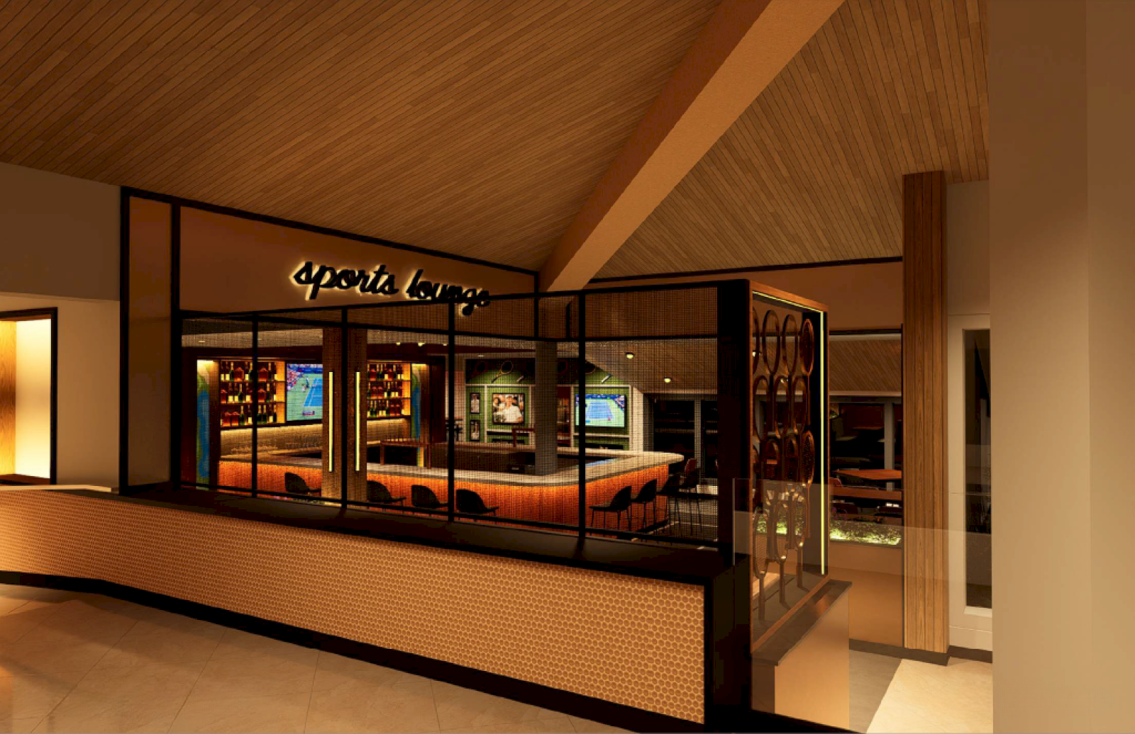 The image shows a modern sports lounge with TVs, a bar, and cozy seating, designed for relaxing and watching sports events.