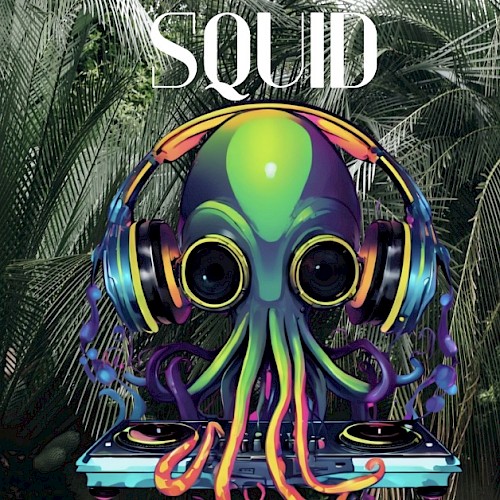 A colorful, anthropomorphic squid with headphones and DJ equipment, set against a tropical background, and the word 