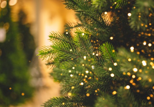 A close-up of a Christmas tree with green branches and warm white lights in a soft-focus, festive atmosphere.
