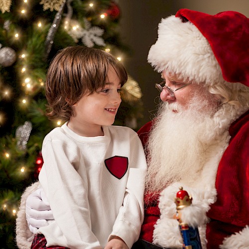 A child is sitting on Santa's lap, smiling, next to a decorated Christmas tree with lights and ornaments shimmering.