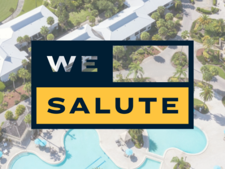 The image shows an aerial view of a resort with pools and palm trees, overlaid with a graphic saying 
