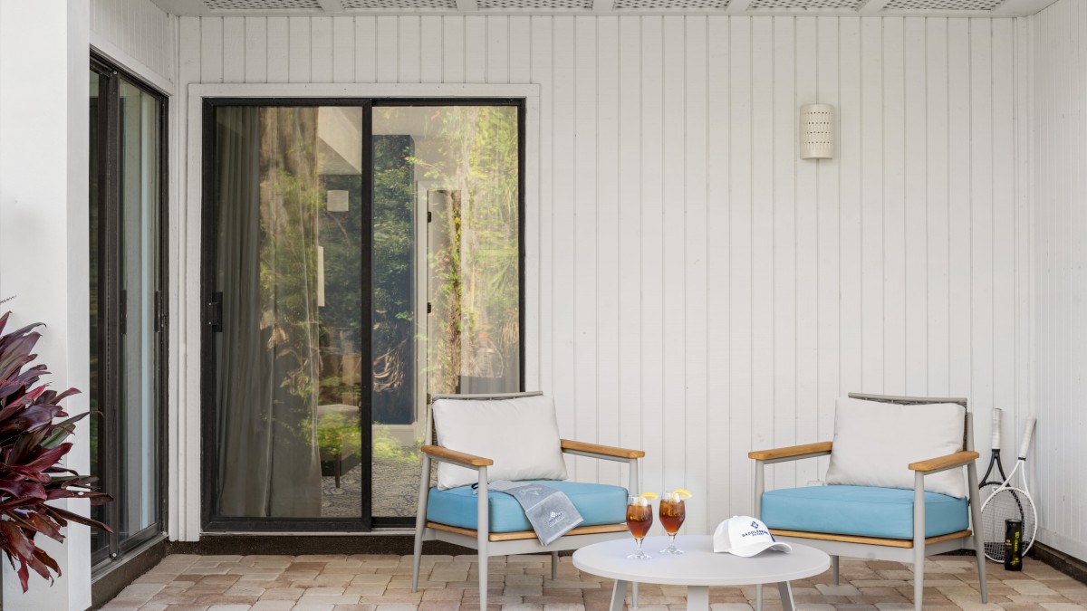 A patio with two chairs, a small table with drinks, a hat, and a book. A glass door and a plant are in the background.