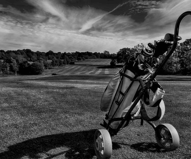 A golf bag on a pushcart sits on a grassy course, with rolling fairways and trees under a dramatic, cloudy sky.