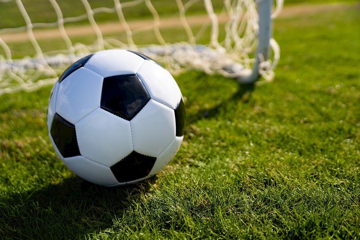 A soccer ball on grass near a goal net, with a blurred background of a field.