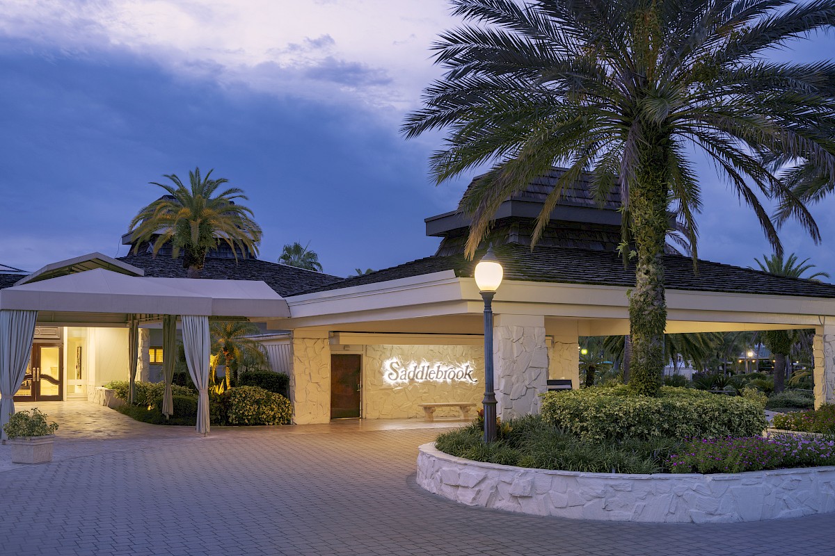 A building with a lit entrance, palm trees, and a sign. The driveway is paved, with a streetlamp illuminating part of the scene.