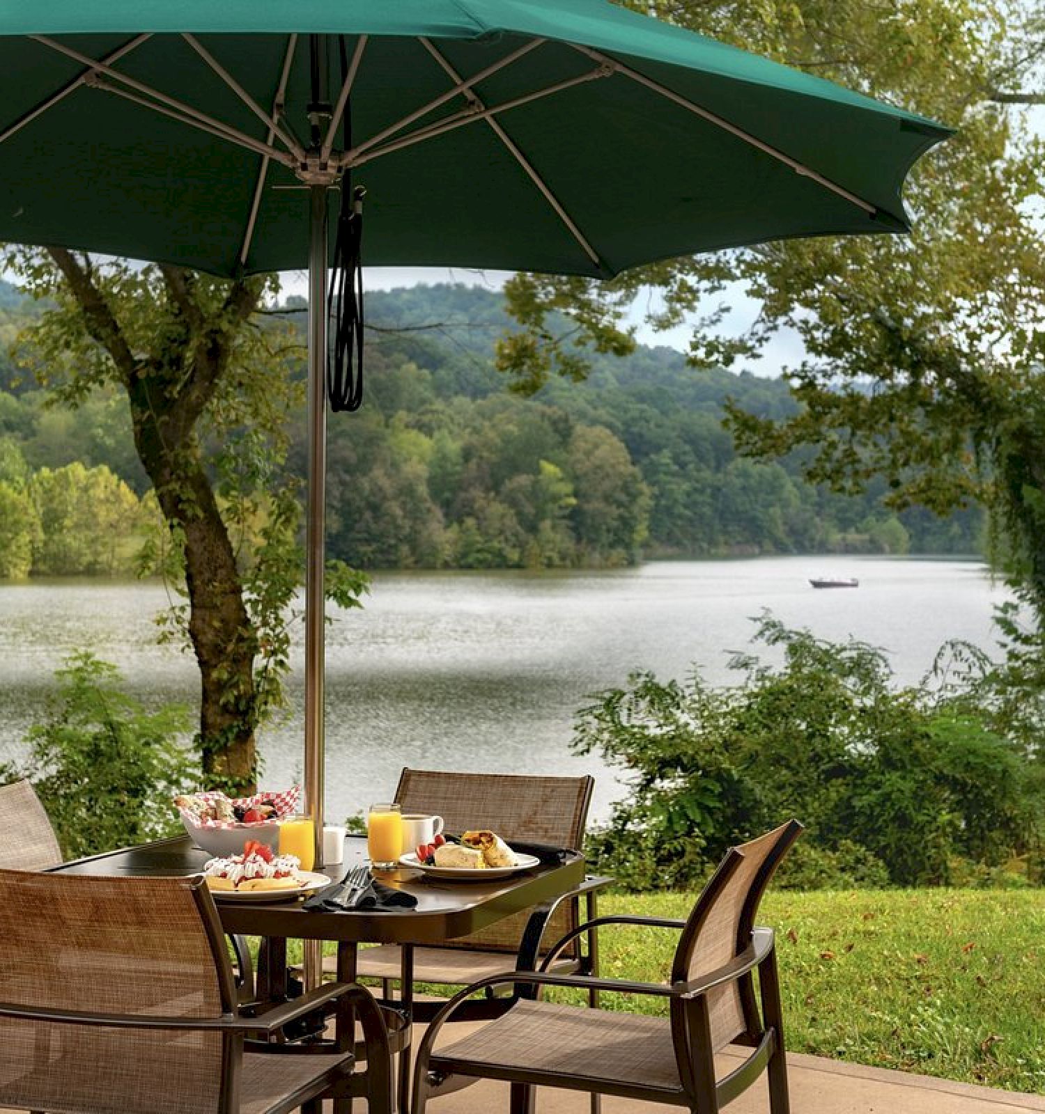 A patio table with food and drinks, sheltered by a green umbrella, overlooks a serene lake and lush green landscape with trees and hills in the background.