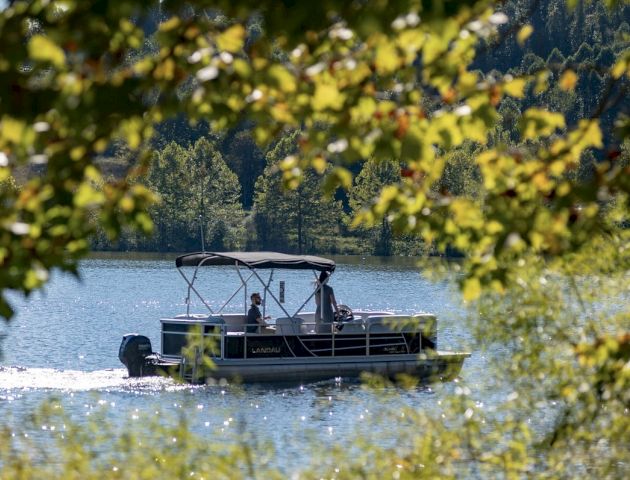 A boat cruises on a lake, framed by greenery and leaves in the foreground, with forests and hills visible in the background under clear skies.