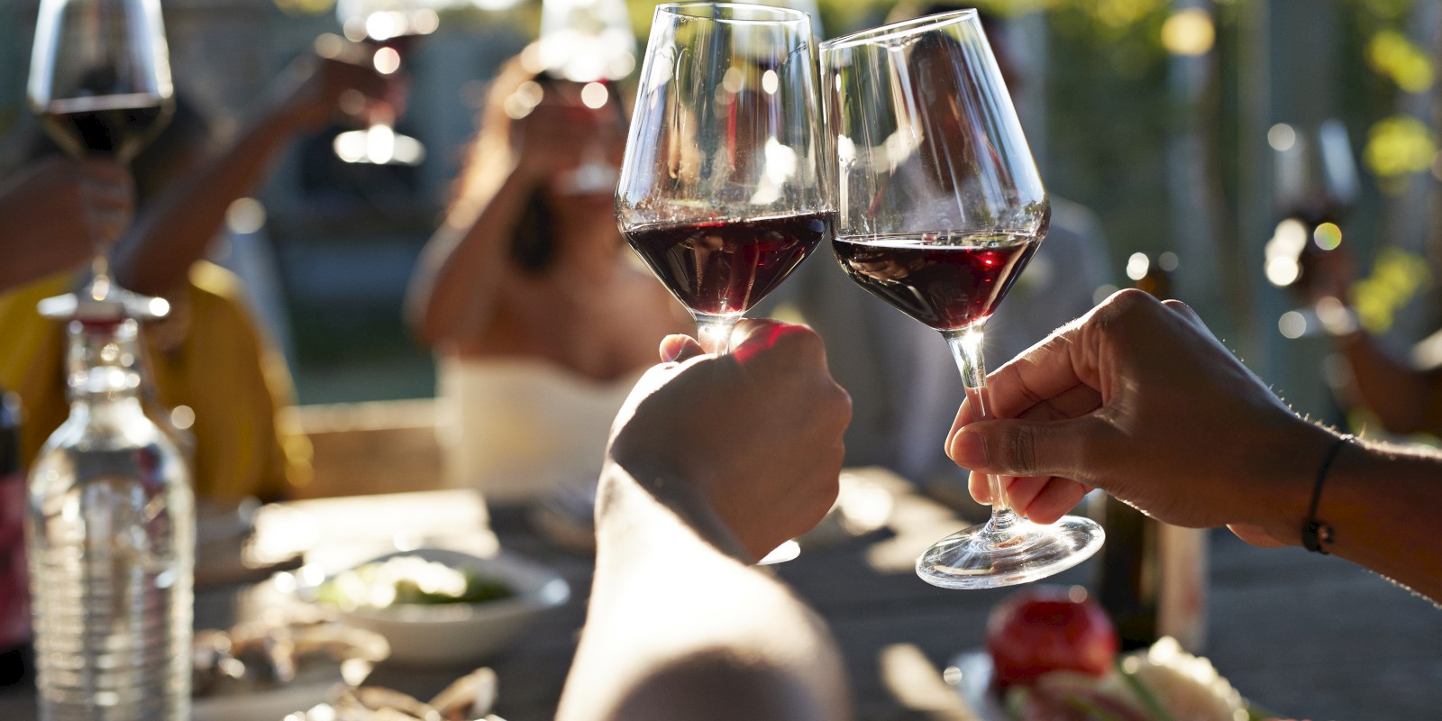 People are clinking wine glasses outdoors, celebrating with food and drinks on a sunny day, creating a cheerful and joyful atmosphere.