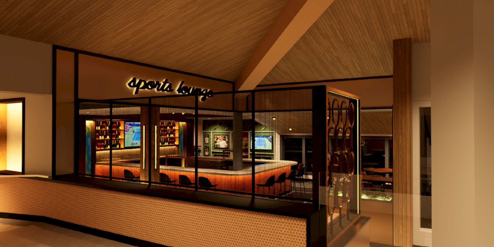 This image shows a modern sports lounge with multiple screens, a bar area, and seating, designed for relaxation and viewing sports events.