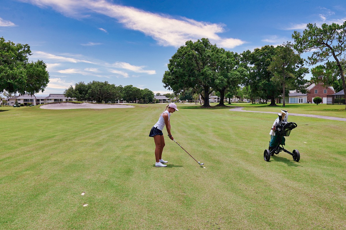 A person is playing golf on a lush, green course under a blue sky, with a golf bag on a cart nearby.