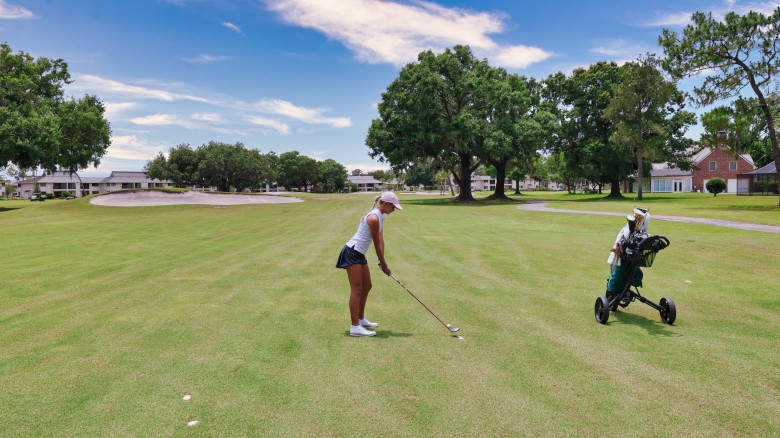 A person is playing golf on a lush, green course under a blue sky, with a golf bag on a cart nearby.